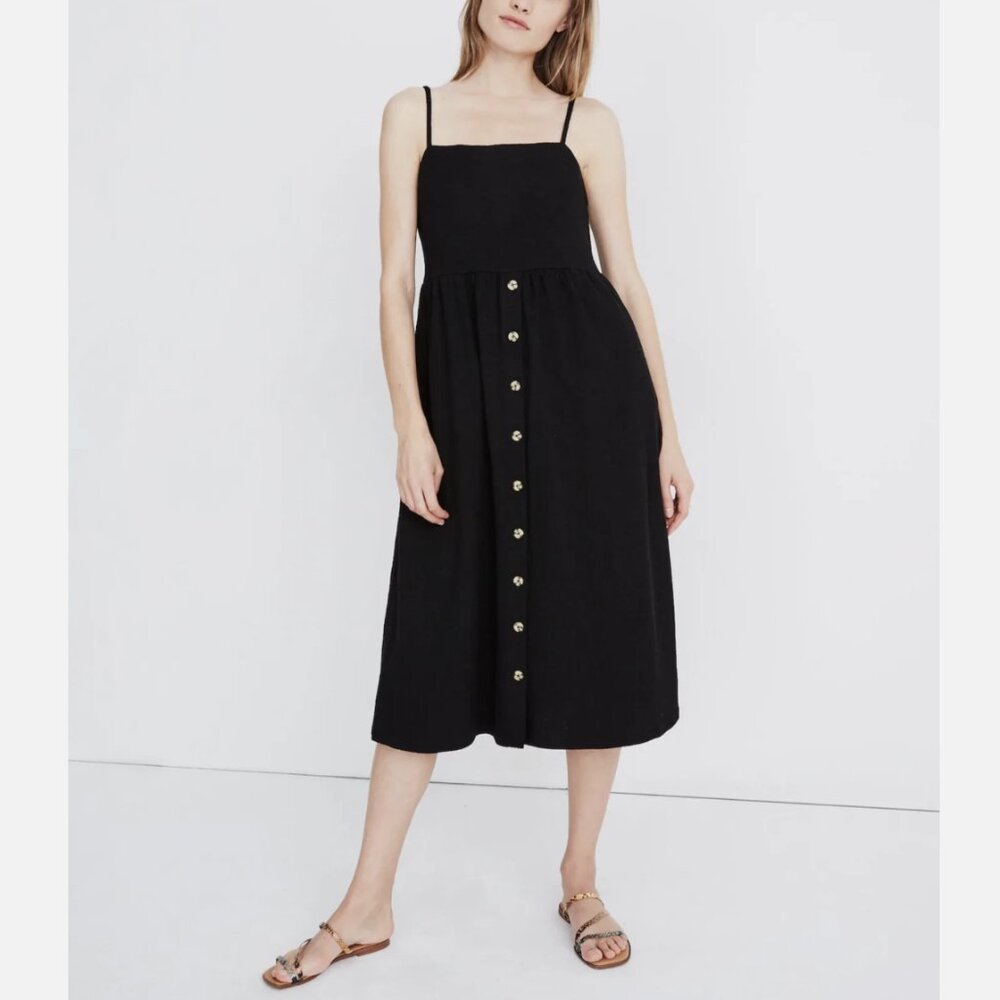 Madewell Black Button-Front Midi Sundress with Spaghetti Straps